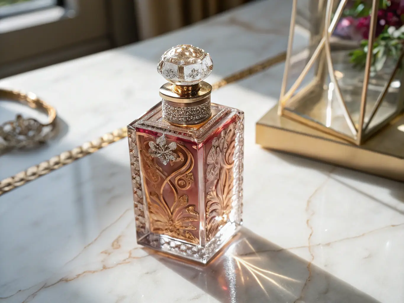 A close-up shot of the Orphéa Discovery Set, showcasing the miniature perfume bottles arranged elegantly on a white marble surface. The lighting is soft and diffused, highlighting the gold accents and minimalist design of the set. The background is blurred to emphasize the luxurious and mystical aesthetic of the brand.
