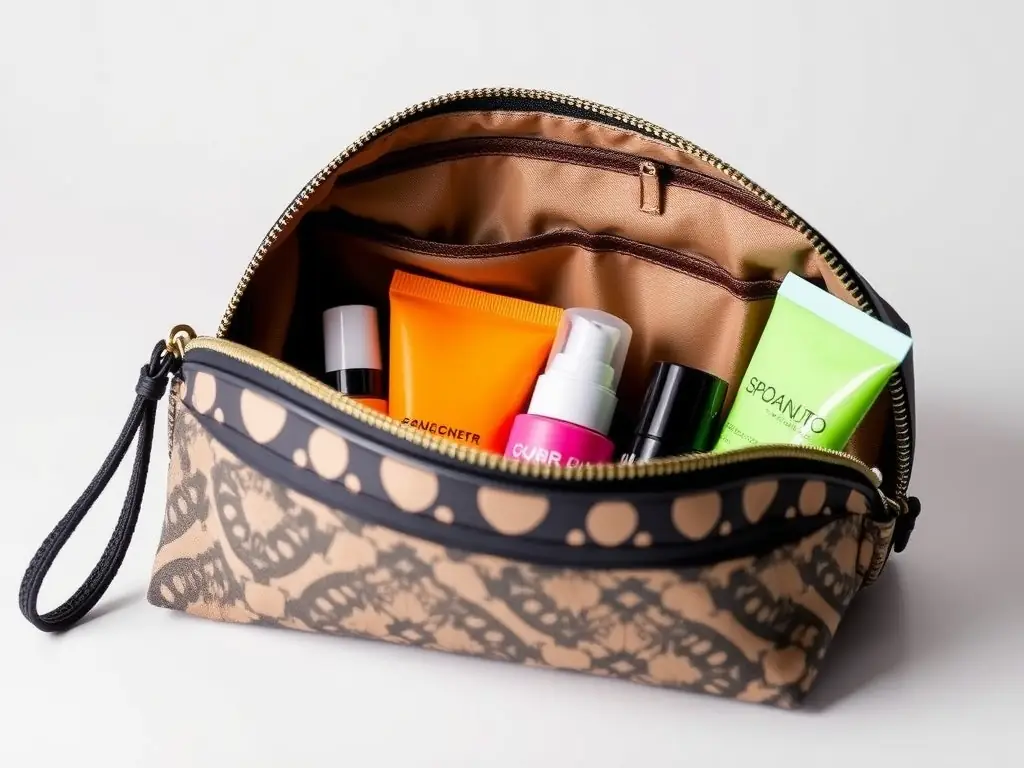 A lifestyle shot of the Orphéa Discovery Set placed inside a luxurious travel bag, alongside other travel essentials such as a passport and a pair of sunglasses. The background is a blurred image of a high-end hotel room, emphasizing the travel-friendly aspect of the set.