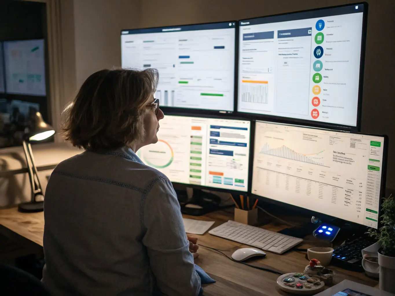 A detailed shot of Leona meticulously reviewing design mockups and data analytics reports, demonstrating her commitment to quality and data-driven decision-making. The image should convey precision, expertise, and a results-oriented approach.