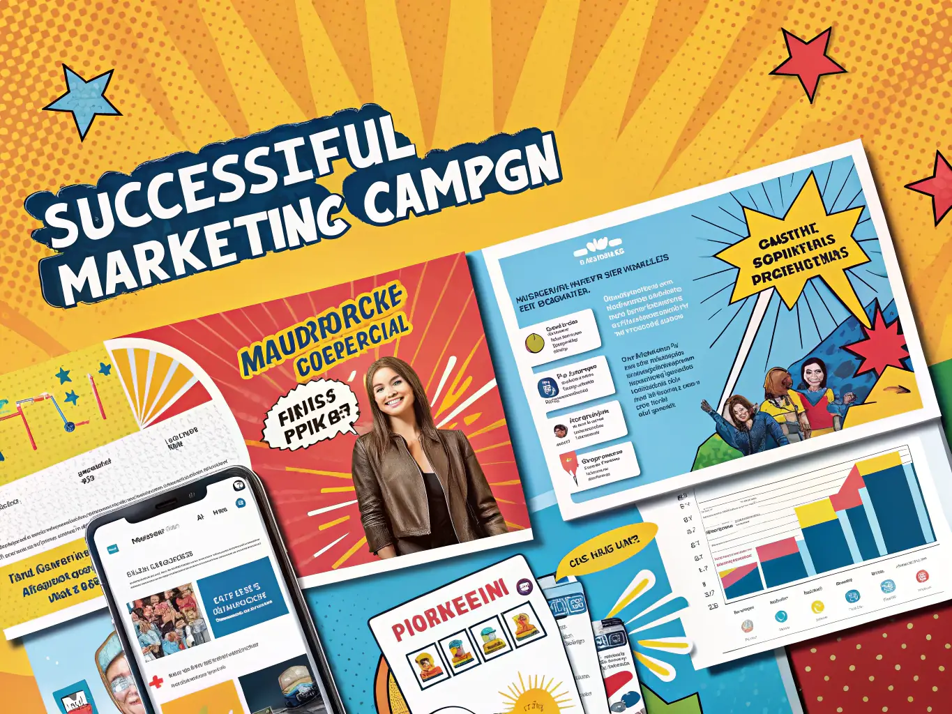 A vibrant and dynamic image showcasing a diverse range of successful marketing campaigns and design projects created by LeonaDesign. The image should highlight creativity, innovation, and impactful results.