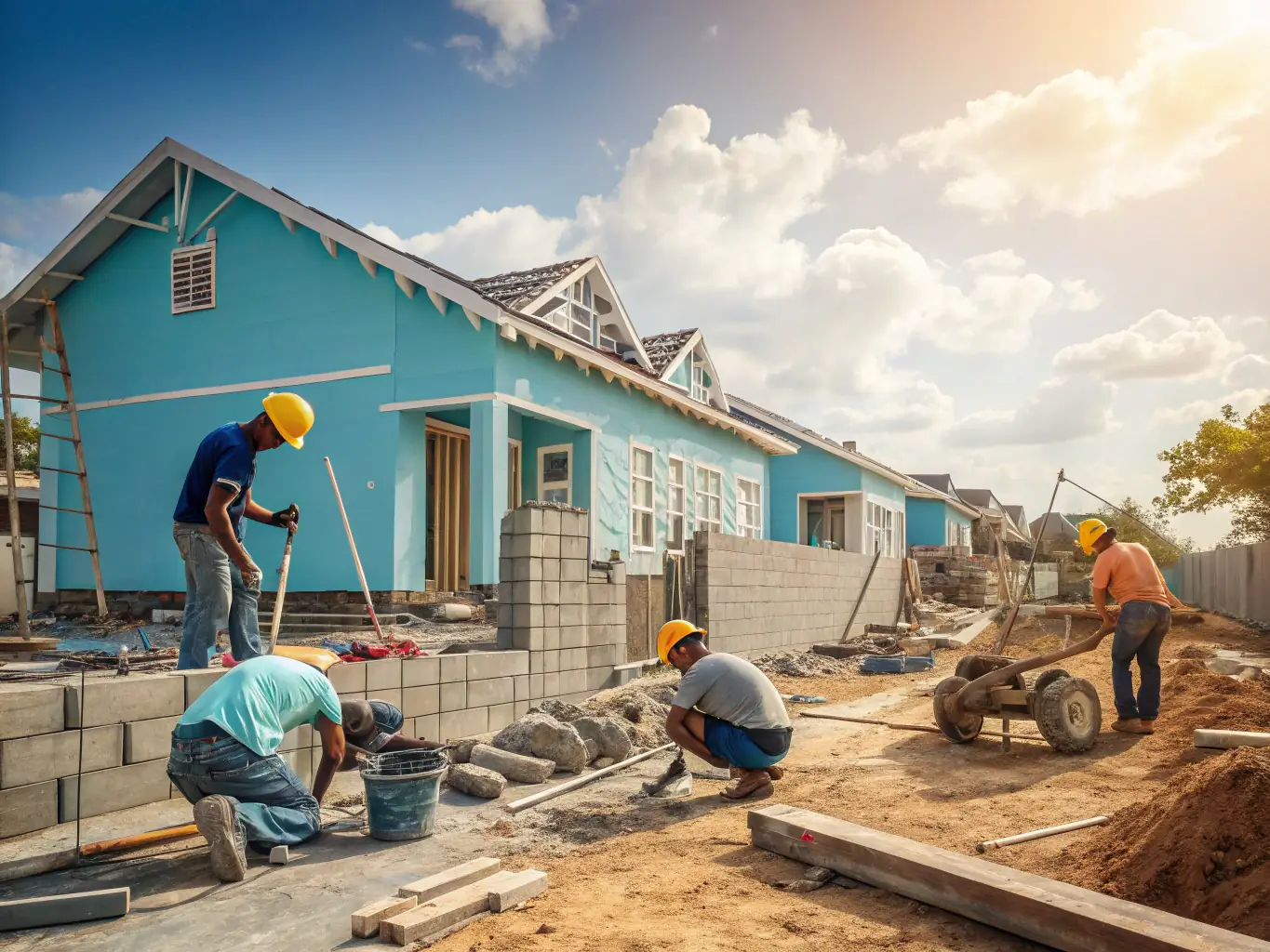 A partially constructed building shell with golden scaffolding, set against a lighter green background, representing the construction and implementation phase of the marketing system.