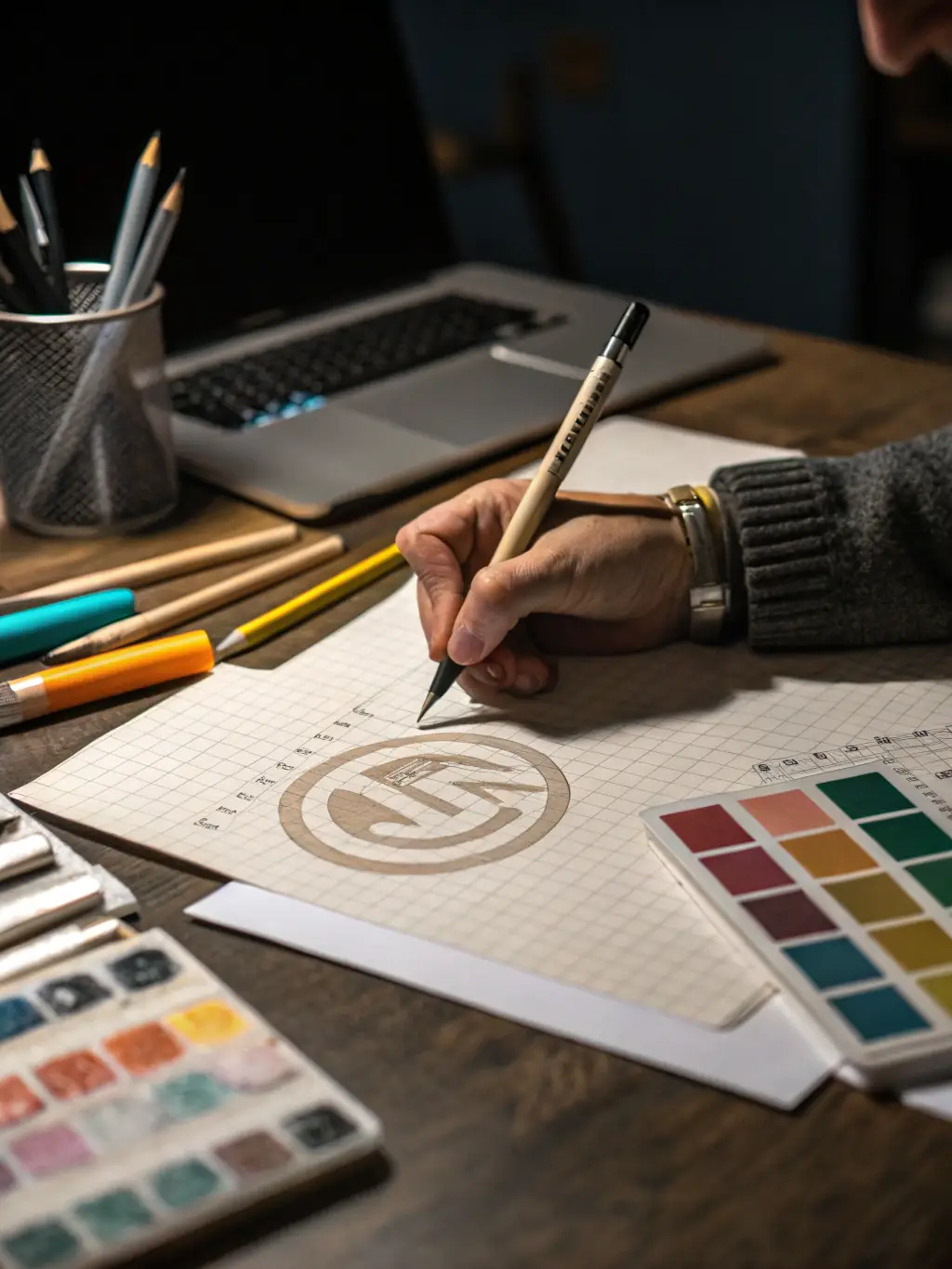 A close-up shot of a designer's hands sketching a logo concept on paper, with digital design tools subtly visible in the background, conveying the blend of traditional and modern design approaches.